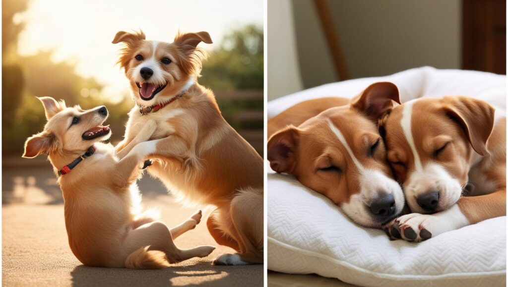 先住犬と新入り犬が喧嘩している様子と凄く仲良くしている様子を２分割写真